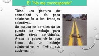 El “No me corresponde” 
Tiene una postura de 
comodidad y de poca 
colaboración a los trabajos 
colectivos. 
Se escuda en detalles de un 
puesto de trabajo para 
evadir otras actividades. 
Ataca la pobre visión que 
tiene de un trabajo 
colaborativo y limita sus 
acciones. 
 