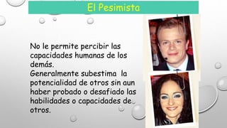 El Pesimista 
No le permite percibir las 
capacidades humanas de los 
demás. 
Generalmente subestima la 
potencialidad de otros sin aun 
haber probado o desafiado las 
habilidades o capacidades de 
otros. 
 