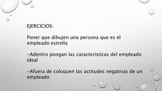 EJERCICIOS: 
Poner que dibujen una persona que es el 
empleado estrella 
-Adentro pongan las características del empleado 
ideal 
-Afuera de coloquen las actitudes negativas de un 
empleado 
 