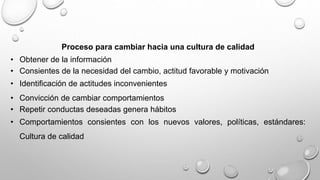 Proceso para cambiar hacia una cultura de calidad 
• Obtener de la información 
• Consientes de la necesidad del cambio, actitud favorable y motivación 
• Identificación de actitudes inconvenientes 
• Convicción de cambiar comportamientos 
• Repetir conductas deseadas genera hábitos 
• Comportamientos consientes con los nuevos valores, políticas, estándares: 
Cultura de calidad 
 