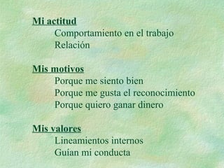 Mi actitud
Comportamiento en el trabajo
Relación
Mis motivos
Porque me siento bien
Porque me gusta el reconocimiento
Porque quiero ganar dinero
Mis valores
Lineamientos internos
Guían mi conducta
 