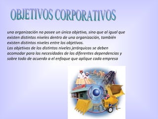 OBJETIVOS CORPORATIVOS una organización no posee un único objetivo, sino que al igual que existen distintos niveles dentro de una organización, también existen distintos niveles entre los objetivos. Los objetivos de los distintos niveles jerárquicos se deben acomodar para las necesidades de las diferentes dependencias y sobre todo de acuerdo a el enfoque que aplique cada empresa 
