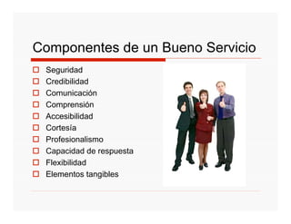 Componentes de un Bueno Servicio
 Seguridad
 Credibilidad
 Comunicación
 Comprensión
 Accesibilidad
 Cortesía
 Profesionalismo
 Capacidad de respuesta
 Flexibilidad
 Elementos tangibles
 