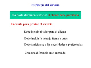 Estrategia del servicio Fórmula para prestar el servicio Debe incluir el valor para el cliente Debe incluir la ventaja frente a otros Debe anticiparse a las necesidades y preferencias Crea una diferencia en el mercado No basta dar buen servicio:   el cliente debe percibirlo 