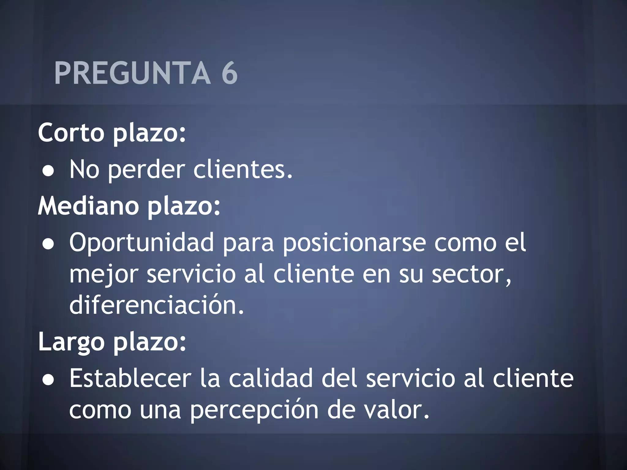 PREGUNTA 6
Corto plazo:
● No perder clientes.
Mediano plazo:
● Oportunidad para posicionarse como el
mejor servicio al cliente en su sector,
diferenciación.
Largo plazo:
● Establecer la calidad del servicio al cliente
como una percepción de valor.

 