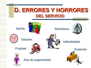 D.D. ERRORES Y HORRORESERRORES Y HORRORES
Apatía
Inflexibilidad
Evasivas
Aire de superioridad
Robotismo
Frialdad
Desaire
DEL SERVICIODEL SERVICIO
 