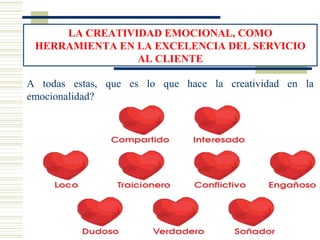 LA CREATIVIDAD EMOCIONAL, COMO
HERRAMIENTA EN LA EXCELENCIA DEL SERVICIO
AL CLIENTE
A todas estas, que es lo que hace la creatividad en la
emocionalidad?
 