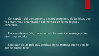 Concepción del pensamiento y el ordenamiento de las ideas que
va a transmitir, organización del mensaje en forma lógica y
coherente.
Elección de un código común para transmitir el mensaje y que
sea comprendido.
Selección de las palabras precisas, de tal manera que se diga lo
que se quiere decir.
 