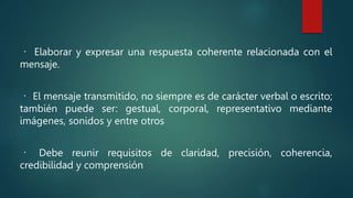 Elaborar y expresar una respuesta coherente relacionada con el
mensaje.
El mensaje transmitido, no siempre es de carácter verbal o escrito;
también puede ser: gestual, corporal, representativo mediante
imágenes, sonidos y entre otros
Debe reunir requisitos de claridad, precisión, coherencia,
credibilidad y comprensión
 