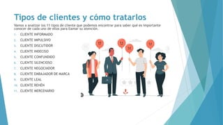 Tipos de clientes y cómo tratarlos
Vamos a analizar los 11 tipos de cliente que podemos encontrar para saber qué es importante
conocer de cada uno de ellos para llamar su atención.
1. CLIENTE INFORMADO
2. CLIENTE IMPULSIVO
3. CLIENTE DISCUTIDOR
4. CLIENTE INDECISO
5. CLIENTE CONFUNDIDO
6. CLIENTE SILENCIOSO
7. CLIENTE NEGOCIADOR
8. CLIENTE EMBAJADOR DE MARCA
9. CLIENTE LEAL
10. CLIENTE REHÉN
11. CLIENTE MERCENARIO
 