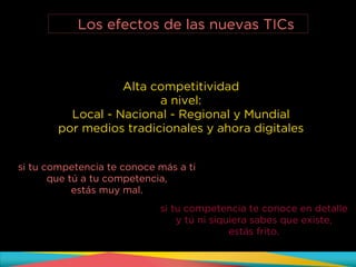 Alta competitividad
a nivel:
Local - Nacional - Regional y Mundial
por medios tradicionales y ahora digitales
si tu competencia te conoce más a ti
que tú a tu competencia,
estás muy mal.
si tu competencia te conoce en detalle
y tú ni siquiera sabes que existe,
estás frito.
Los efectos de las nuevas TICs
 