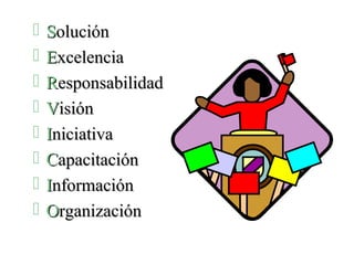    Solución
   Excelencia
   Responsabilidad
   Visión
   Iniciativa
   Capacitación
   Información
   Organización
 