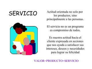 SERVICIO     Actitud orientada no solo por
                   los productos, sino
             principalmente a las personas.

             El servicio no es un programa
                es compromiso de todos.

                Es nuestra actitud hacia el
              cliente expresada en acciones
              que nos ayuda a satisfacer sus
             intereses, deseos y necesidades
                  para lograr su felicidad

       VALOR=PRODUCTO+SERVICIO
 