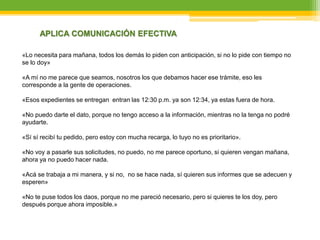 «Lo necesita para mañana, todos los demás lo piden con anticipación, si no lo pide con tiempo no
se lo doy»
«A mí no me parece que seamos, nosotros los que debamos hacer ese trámite, eso les
corresponde a la gente de operaciones.
«Esos expedientes se entregan entran las 12:30 p.m. ya son 12:34, ya estas fuera de hora.
«No puedo darte el dato, porque no tengo acceso a la información, mientras no la tenga no podré
ayudarte.
«Sí sí recibí tu pedido, pero estoy con mucha recarga, lo tuyo no es prioritario».
«No voy a pasarle sus solicitudes, no puedo, no me parece oportuno, si quieren vengan mañana,
ahora ya no puedo hacer nada.
«Acá se trabaja a mi manera, y si no, no se hace nada, sí quieren sus informes que se adecuen y
esperen»
«No te puse todos los daos, porque no me pareció necesario, pero si quieres te los doy, pero
después porque ahora imposible.»
APLICA COMUNICACIÓN EFECTIVA
 