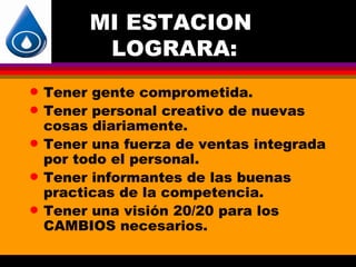 MI ESTACION
          LOGRARA:
q   Tener gente comprometida.
q   Tener personal creativo de nuevas
    cosas diariamente.
q   Tener una fuerza de ventas integrada
    por todo el personal.
q   Tener informantes de las buenas
    practicas de la competencia.
q   Tener una visión 20/20 para los
    CAMBIOS necesarios.
 