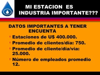 MI ESTACION ES
   INDUSTRIA IMPORTANTE???

DATOS IMPORTANTES A TENER
        ENCUENTA
 Estaciones de U$ 400.000.
 Promedio de clientes/día: 750.
 Promedio de cliente/día/vía:
  25.000.
 Número de empleados promedio
  12.
 