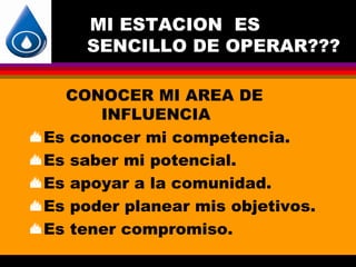 MI ESTACION ES
      SENCILLO DE OPERAR???

    CONOCER MI AREA DE
        INFLUENCIA
 Es conocer mi competencia.

 Es saber mi potencial.

 Es apoyar a la comunidad.

 Es poder planear mis objetivos.

 Es tener compromiso.
 