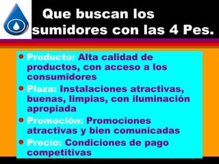 Que buscan los
consumidores con las 4 Pes.
 q   Producto: Alta calidad de
     productos, con acceso a los
     consumidores
 q   Plaza: Instalaciones atractivas,
     buenas, limpias, con iluminación
     apropiada
 q   Promoción: Promociones
     atractivas y bien comunicadas
 q   Precio: Condiciones de pago
     competitivas
 
