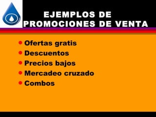 EJEMPLOS DE
    PROMOCIONES DE VENTA

q Ofertas gratis
q Descuentos

q Precios bajos

q Mercadeo cruzado

q Combos
 