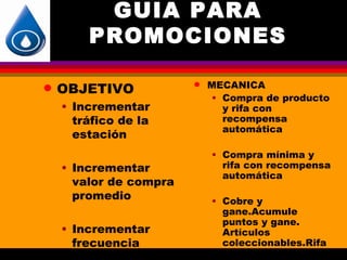 GUIA PARA
        PROMOCIONES

                            MECANICA
q   OBJETIVO            q

                            • Compra de producto
    • Incrementar             y rifa con
      tráfico de la           recompensa
                              automática
      estación
                            • Compra mínima y
    • Incrementar             rifa con recompensa
                              automática
      valor de compra
      promedio              • Cobre y
                              gane.Acumule
                              puntos y gane.
    • Incrementar             Artículos
      frecuencia              coleccionables.Rifa
                              s
 