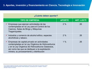 ¿Quienes deben aportar?Todas las personas jurídicas que hayan obtenido ingresos brutos superiores a 100.000 UT en el ejercicio fiscal inmediato anterior. (Art. 25)63. Aportes, inversión y financiamiento en Ciencia, Tecnología e Innovación© 2011 Rodríguez Velázquez & Asociados, sociedad civil venezolana de personasy firma miembro de la red de firmas miembro independientes de KPMG International Cooperative(“KPMG International”), una entidad suiza. RIF: J-00256910-7. Derechos reservados. Impreso en Venezuela.