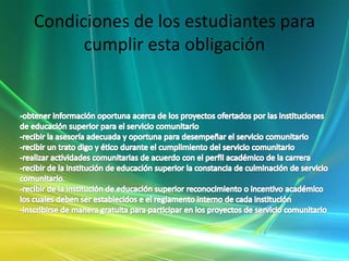 Condiciones de los estudiantes para cumplir esta obligación-obtener información oportuna acerca de los proyectos ofertados por las instituciones de educación superior para el servicio comunitario -recibir la asesoría adecuada y oportuna para desempeñar el servicio comunitario -recibir un trato digo y ético durante el cumplimiento del servicio comunitario -realizar actividades comunitarias de acuerdo con el perfil académico de la carrera -recibir de la institución de educación superior la constancia de culminación de servicio comunitario.-recibir de la institución de educación superior reconocimiento o incentivo académico los cuales deben ser establecidos e el reglamento interno de cada institución -inscribirse de manera gratuita para participar en los proyectos de servicio comunitario