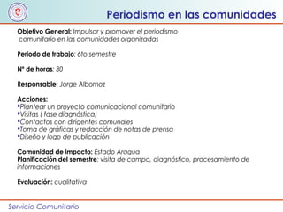Servicio Comunitario
Periodismo en las comunidades
Objetivo General: Impulsar y promover el periodismo
comunitario en las comunidades organizadas
Periodo de trabajo: 6to semestre
Nº de horas: 30
Responsable: Jorge Albornoz
Acciones:
Plantear un proyecto comunicacional comunitario
Visitas ( fase diagnóstica)
Contactos con dirigentes comunales
Toma de gráficas y redacción de notas de prensa
Diseño y logo de publicación
Comunidad de impacto: Estado Aragua
Planificación del semestre: visita de campo, diagnóstico, procesamiento de
informaciones
Evaluación: cualitativa
 
