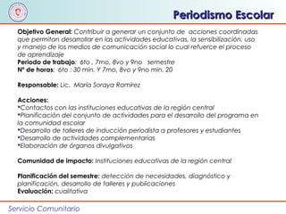 Servicio Comunitario
Periodismo EscolarPeriodismo Escolar
Objetivo General: Contribuir a generar un conjunto de acciones coordinadas
que permitan desarrollar en las actividades educativas, la sensibilización, uso
y manejo de los medios de comunicación social lo cual refuerce el proceso
de aprendizaje
Periodo de trabajo: 6to , 7mo, 8vo y 9no semestre
Nº de horas: 6to : 30 min. Y 7mo, 8vo y 9no min. 20
Responsable: Lic. María Soraya Ramírez
Acciones:
Contactos con las instituciones educativas de la región central
Planificación del conjunto de actividades para el desarrollo del programa en
la comunidad escolar
Desarrollo de talleres de inducción periodista a profesores y estudiantes
Desarrollo de actividades complementarias
Elaboración de órganos divulgativos
Comunidad de impacto: Instituciones educativas de la región central
Planificación del semestre: detección de necesidades, diagnóstico y
planificación, desarrollo de talleres y publicaciones
Evaluación: cualitativa
 