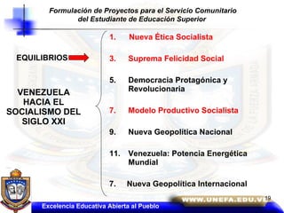VENEZUELA HACIA EL SOCIALISMO DEL SIGLO XXI 1.  Nueva Ética Socialista Suprema Felicidad Social Democracia Protagónica y Revolucionaria Modelo Productivo Socialista Nueva Geopolítica Nacional Venezuela: Potencia Energética Mundial 7.  Nueva Geopolítica Internacional Formulación de Proyectos para el Servicio Comunitario del Estudiante de Educación Superior   EQUILIBRIOS Excelencia Educativa Abierta al Pueblo 19 