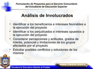 Análisis de Involucrados Identificar a los beneficiarios e intereses favorables a la ejecución del proyecto Identificar a los perjudicados e intereses opuestos a la ejecución del proyecto Considerar percepciones y actitudes, grados de interés, potencial y limitaciones de los grupos afectados por el proyecto Estudiar posibles conflictos y soluciones de los mismos Excelencia Educativa Abierta al Pueblo Formulación de Proyectos para el Servicio Comunitario del Estudiante de Educación Superior   