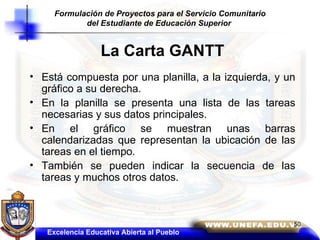 La Carta GANTT Está compuesta por una planilla, a la izquierda, y un gráfico a su derecha. En la planilla se presenta una lista de las tareas necesarias y sus datos principales. En el gráfico se muestran unas barras calendarizadas que representan la ubicación de las tareas en el tiempo. También se pueden indicar la secuencia de las tareas y muchos otros datos. Excelencia Educativa Abierta al Pueblo Formulación de Proyectos para el Servicio Comunitario del Estudiante de Educación Superior   