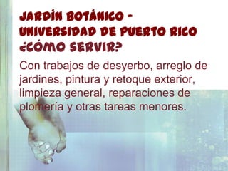Jardín Botánico -
Universidad de Puerto Rico
¿Cómo servir?
Con trabajos de desyerbo, arreglo de
jardines, pintura y retoque exterior,
limpieza general, reparaciones de
plomería y otras tareas menores.
 