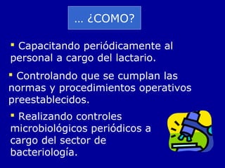 … ¿COMO?
 Capacitando periódicamente al
personal a cargo del lactario.
 Controlando que se cumplan las
normas y procedimientos operativos
preestablecidos.
 Realizando controles
microbiológicos periódicos a
cargo del sector de
bacteriología.
 