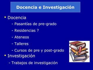 Docencia e Investigación
 Docencia
- Pasantías de pre-grado
- Residencias ?
- Ateneos
- Talleres
- Cursos de pre y post-grado
 Investigación
- Trabajos de investigación
 