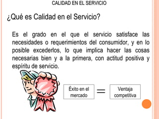 CALIDAD EN EL SERVICIO

¿Qué es Calidad en el Servicio?

 Es el grado en el que el servicio satisface las
 necesidades o requerimientos del consumidor, y en lo
 posible excederlos, lo que implica hacer las cosas
 necesarias bien y a la primera, con actitud positiva y
 espíritu de servicio.


                       Éxito en el         Ventaja
                        mercado          competitiva
 
