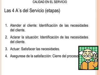 CALIDAD EN EL SERVICIO

Las 4 A´s del Servicio (etapas)

1. Atender al cliente: Identificación de las necesidades
   del cliente.
2. Aclarar la situación: Identificación de las necesidades
   del cliente.
3. Actuar: Satisfacer las necesidades.
4. Asegurese de la satisfacción: Cierre del proceso.
 