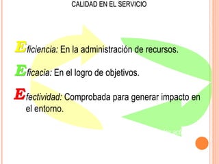 CALIDAD EN EL SERVICIO




ficiencia: En la administración de recursos.

ficacia: En el logro de objetivos.

fectividad: Comprobada para generar impacto en
el entorno.

“Cualquier cambio involucra una transformación de las actitudes
                        del personal”.
 