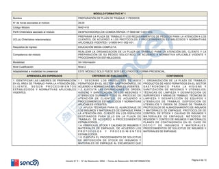 MÓDULO FORMATIVO N° 1
Nombre PREPARACIÓN DE PLAZA DE TRABAJO Y PEDIDOS
N° de horas asociadas al módulo 25,00
Código Módulo MA01419
Perfil ChileValora asociado al módulo DESPACHADOR(A) DE COMIDA RÁPIDA / P-5600-9411-001-V03.
UCL(s) ChileValora relacionada(s)
PREPARAR LA PLAZA DE TRABAJO Y LOS REQUERIMIENTOS DE PEDIDOS PARA LA ATENCIÓN A LOS
CLIENTES, DE ACUERDO A LOS PROTOCOLOS Y PROCEDIMIENTOS ESTABLECIDOS Y NORMATIVAS
APLICABLES VIGENTES / U-5600-9411-002-V01.
Requisitos de ingreso EDUCACIÓN MEDIA COMPLETA.
Competencia del módulo
REALIZAR LA ORGANIZACIÓN DE LA PLAZA DE TRABAJO PARA LA ATENCIÓN DEL CLIENTE Y LA
PREPARACIÓN DE SU PEDIDO SOLICITADO, DE ACUERDO A NORMATIVA APLICABLE VIGENTE Y
PROCEDIMIENTOS ESTABLECIDOS.
Modalidad Sin Información
Nivel Cualificación Nivel 2
Adaptabilidad a modalidad no presencial ESTE MÓDULO SOLO PUEDE SER EJECUTADO DE FORMA PRESENCIAL.
APRENDIZAJES ESPERADOS CRITERIOS DE EVALUACIÓN CONTENIDOS
1. IDENTIFICAR LAS LABORES DE PREPARACIÓN
EN EL ÁREA DE TRABAJO PARA LA ATENCIÓN DEL
C L I E N T E , S E G Ú N P R O C E D I M I E N T O S
ESTABLECIDOS Y NORMATIVAS APLICABLES
VIGENTES.
1.1. DESCRIBE LOS PRODUCTOS DE ASEO
PERMITIDOS EN EL SECTOR GASTRONÓMICO, DE
ACUERDO A NORMATIVAS APLICABLES VIGENTES.
1.2. EJECUTA LAS OPERACIONES DE ORDEN,
HIGIENE Y SANITIZACIÓN DE LOS MESONES Y
UTENSILIOS DURANTE TODO EL PROCESO DE
ATENCIÓN DE CLIENTES, DE ACUERDO A
PROCEDIMIENTOS ESTABLECIDOS Y NORMATIVAS
APLICABLES VIGENTES.
1.3. APLICA TÉCNICAS PARA EL ALMACENAJE DE
LOS INSUMOS Y MATERIALES DE EMPAQUE PARA
LA ATENCIÓN DEL CLIENTE EN LOS ESPACIOS
DESTINADOS PARA ELLO EN LA PLAZA DE
TRABAJO, DE ACUERDO A PROCEDIMIENTOS
ESTABLECIDOS.
1.4. VERIFICA EL STOCK Y CALIDAD DE INSUMOS Y
MATERIALES DE EMPAQUE, DE ACUERDO LOS
P R O T O C O L O S Y P R O C E D I M I E N T O S
ESTABLECIDOS.
1.5. EJECUTA EL PROCEDIMIENTO DE SOLICITUD
DE REPOSICIÓN DE STOCK DE INSUMOS Y
MATERIALES DE EMPAQUE AL ENCARGADO QUE
1. ORGANIZACIÓN DE LA PLAZA DE TRABAJO:
PRODUCTOS DE ASEO PERMITIDOS EN EL SECTOR
G A S T R O N Ó M I C O P A R A L A H I G I E N E Y
SANITIZACIÓN DE MESONES Y UTENSILIOS.
TÉCNICAS DE LIMPIEZA Y DESINFECCIÓN DE
SUPERFICIES Y ÁREAS DE TRABAJO. TÉCNICAS DE
LIMPIEZA Y DESINFECCIÓN DE EQUIPOS Y
UTENSILIOS DE TRABAJO. DISPOSICIÓN DE
UTENSILIOS Y ORDEN DE ZONAS DE TRABAJO.
PROTOCOLOS DE ALMACENAMIENTO DE INSUMOS
Y MATERIALES DE EMPAQUE. PROTOCOLOS DE
CONTROL DE STOCK Y CALIDAD DE INSUMOS Y
MATERIALES DE EMPAQUE: MÉTODOS DE
REVISIÓN Y CONTEO DE INSUMOS Y MATERIALES;
PLANES DE CONTINGENCIA EN EL CASO DE
D É F I C I T D E I N S U M O S Y M A T E R I A L E S .
PROCEDIMIENTOS DE SOLICITUD DE INSUMOS Y
MATERIALES DE EMPAQUE.
Página 4 de 12
Versión N° 3 - N° de Resolución: 2294 - Fecha de Resolución: SIN INFORMACION
 