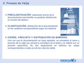 5. Proceso de Valija

4. PRECLASIFICACIÓN: separación previa de la
documentación para facilitar su posterior distribución
en función del destino
5. CLASIFICACIÓN: distribución de la documentación
en los casilleros correspondiente según los destinos

6. CIERRE, PRECINTO Y DISTRIBUCIÓN EN BAÑERAS:
Una vez que la documentación se haya repartido, se procederá al cierre y
precinto de la valija (se cerrará la cremallera de la bolsa y se sellará con un
precinto específico). Se irán depositando en bañeras las valijas
correspondientes a cada una de las rutas de salida

 