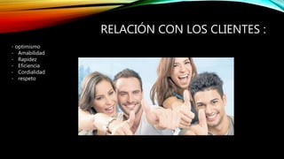 RELACIÓN CON LOS CLIENTES :
- optimismo
- Amabilidad
- Rapidez
- Eficiencia
- Cordialidad
- respeto