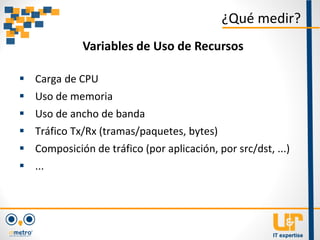  Carga de CPU
 Uso de memoria
 Uso de ancho de banda
 Tráfico Tx/Rx (tramas/paquetes, bytes)
 Composición de tráfico (por aplicación, por src/dst, ...)
 ...
¿Qué medir?
Variables de Uso de Recursos
 
