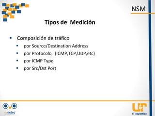  Composición de tráfico
 por Source/Destination Address
 por Protocolo (ICMP,TCP,UDP,etc)
 por ICMP Type
 por Src/Dst Port
NSM
Tipos de Medición
 