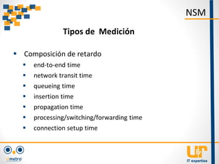  Composición de retardo
 end-to-end time
 network transit time
 queueing time
 insertion time
 propagation time
 processing/switching/forwarding time
 connection setup time
NSM
Tipos de Medición
 