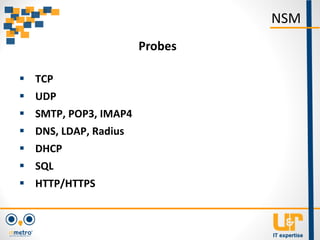  TCP
 UDP
 SMTP, POP3, IMAP4
 DNS, LDAP, Radius
 DHCP
 SQL
 HTTP/HTTPS
NSM
Probes
 