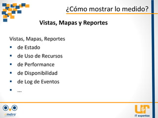 Vistas, Mapas, Reportes
 de Estado
 de Uso de Recursos
 de Performance
 de Disponibilidad
 de Log de Eventos
 ...
¿Cómo mostrar lo medido?
Vistas, Mapas y Reportes
 