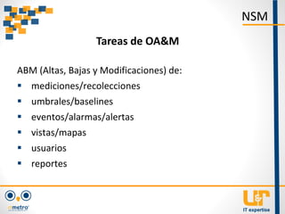 ABM (Altas, Bajas y Modificaciones) de:
 mediciones/recolecciones
 umbrales/baselines
 eventos/alarmas/alertas
 vistas/mapas
 usuarios
 reportes
NSM
Tareas de OA&M
 
