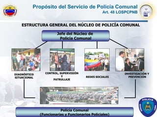 Propósito del Servicio de Policía Comunal
Art. 48 LOSPCPNB
DIAGNÓSTICO
SITUACIONAL
CONTROL, SUPERVISIÓN
Y
PATRULLAJE
REDES SOCIALES
INVESTIGACIÓN Y
PREVENCIÓN
ESTRUCTURA GENERAL DEL NÚCLEO DE POLICÍA COMUNAL
Jefe del Núcleo de
Policía Comunal
Policía Comunal
(Funcionarias y Funcionarios Policiales)
 