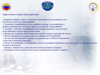 Supervisoras o Supervisores generales
Organizar, dirigir, evaluar y controlar la efectividad en la prestación de este
Servicio en su área de responsabilidad.
 Controlar el cumplimiento de los estándares, normas y procedimientos y
políticas aprobadas por el Órgano Rector en su área de responsabilidad.
 Aprobar y controlar el cumplimiento de los planes operativos de prevención
de los diferentes sectores bajo su supervisión.
Manejar los resultados de los diagnósticos de los Consejos Comunales de su área.
 Hacer seguimiento a los planteamientos realizados por la población.
 Revisar las informaciones recogidas y procesadas por el oficial de información
y derivarla a instancias superiores.
Alertar al Coordinador o Coordinadora sobre las principales incidencias que requieran de su participación para
la toma de decisiones.
 Diseñar y adelantar la evaluación de los núcleos de Policía Comunal.
 Participar en intercambios con los actores comunitarios, cuando se requiera.
 