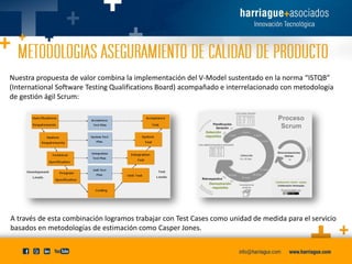 Nuestra propuesta de valor combina la implementación del V-Model sustentado en la norma “ISTQB”
(International Software Testing Qualifications Board) acompañado e interrelacionado con metodología
de gestión ágil Scrum:

A través de esta combinación logramos trabajar con Test Cases como unidad de medida para el servicio
basados en metodologías de estimación como Casper Jones.

 