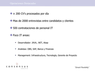 Operaciones Destacadas ± 200 CV’s procesados por día Mas de 2000 entrevistas entre candidatos y clientes 500 contrataciones de personal IT  Foco IT areas: Desarrollador: JAVA, .NET, Abap Analistas: OBS, SAP, Banca y Finanzas Management: Infraestructura, Tecnología, Gerente de Proyecto 